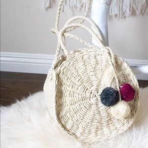 Wine Raffia Pom Pom Cross Body Bag with Strap